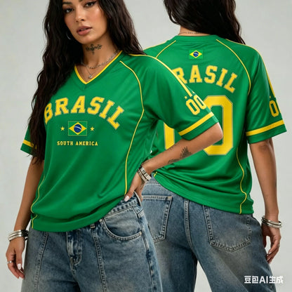 Women's Brazil Print V-Neck Sport T-Shirt — Plus Size Short Sleeve Jersey