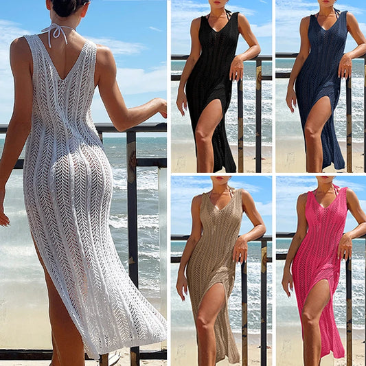 Robe longue en tricot ajouré pour femme — Paréo de plage sans manches