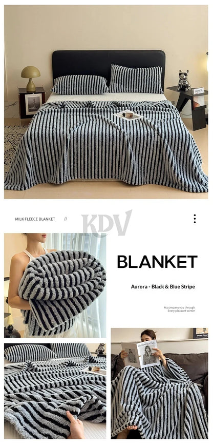 Imitation Rabbit Plush Striped Blanket Fluffy Soft Fleece Throw Blanket for Sofa Single Double Spring Autumn Warm Bed Blankets
