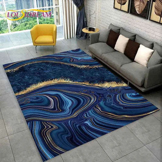 Nordic Blue Golden Colour Marble Geometric Area Rug,Carpet Rug for Living Room Bedroom Sofa Doormat Decor,Kid Non-slip Floor Mat