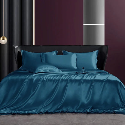 Solid 4pcs Silk Bedding Set with Duvet Cover Fitted/Flat Bed Sheet Pillowcase Bedspreads and Coverlets  Single Double Bedsheet