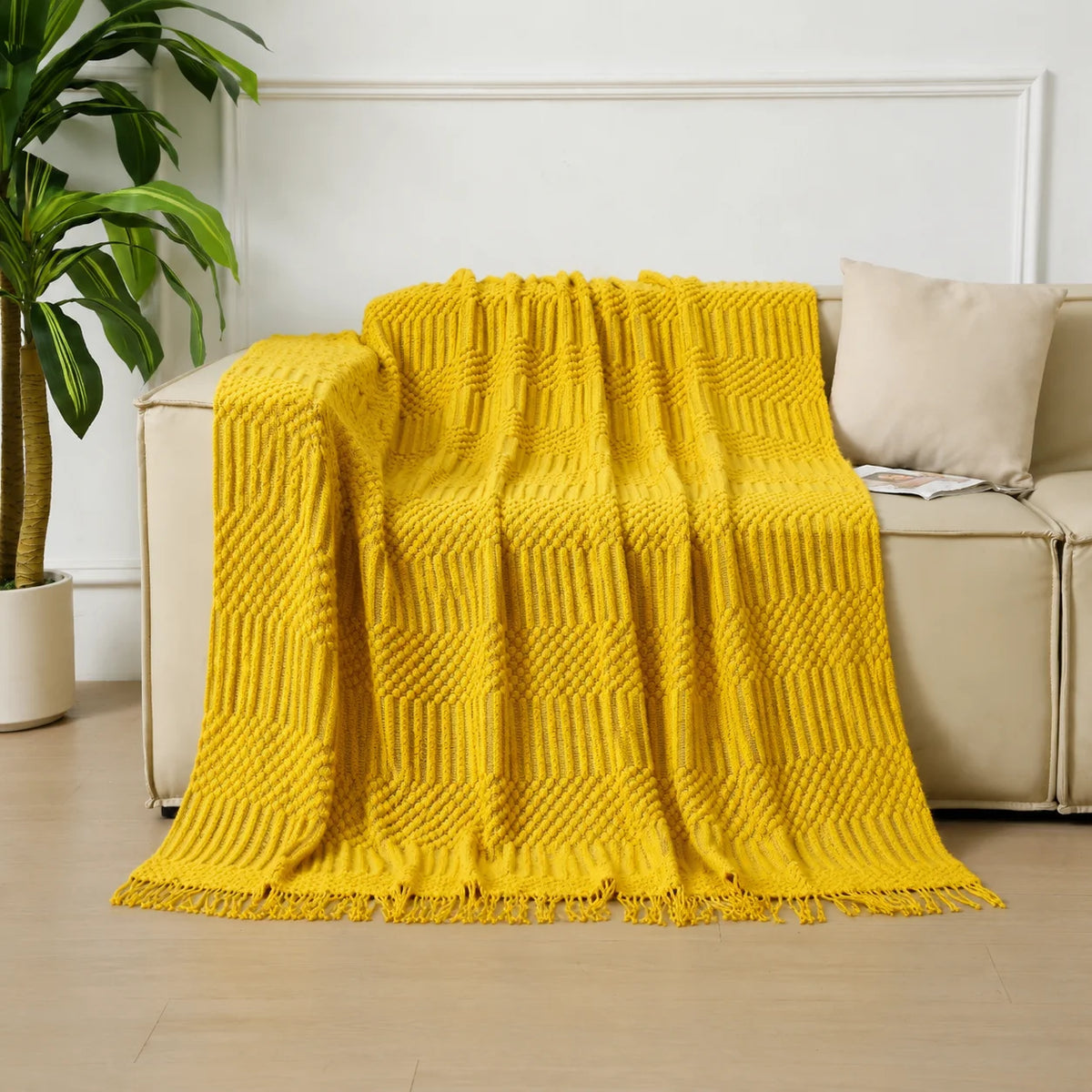 Dark Green Geometric Bobble Textured Knit Throw Blanket with Tassel Fringe, Soft Knitted Decorative Blanket, Lightweight Cozy Cover for Couch Sofa Bed, Boho Farmhouse Home Decor for Living Room Bedroom