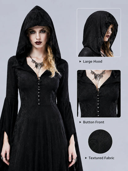 Women Gothic Witch Hooded Maxi Dress Bell Long Sleeve Jacquard Mesh V‑Neck Button Front Floor‑Length Gown Halloween Cosplay Costume for Party Carnival
