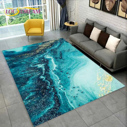 Nordic Blue Golden Colour Marble Geometric Area Rug,Carpet Rug for Living Room Bedroom Sofa Doormat Decor,Kid Non-slip Floor Mat