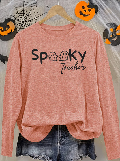 Women's Spooky Teacher Long Sleeve Crew Neck T-Shirt with Ghost Print, Cute Soft Horror Funny Halloween Gift, Casual Athletic Vacation Top