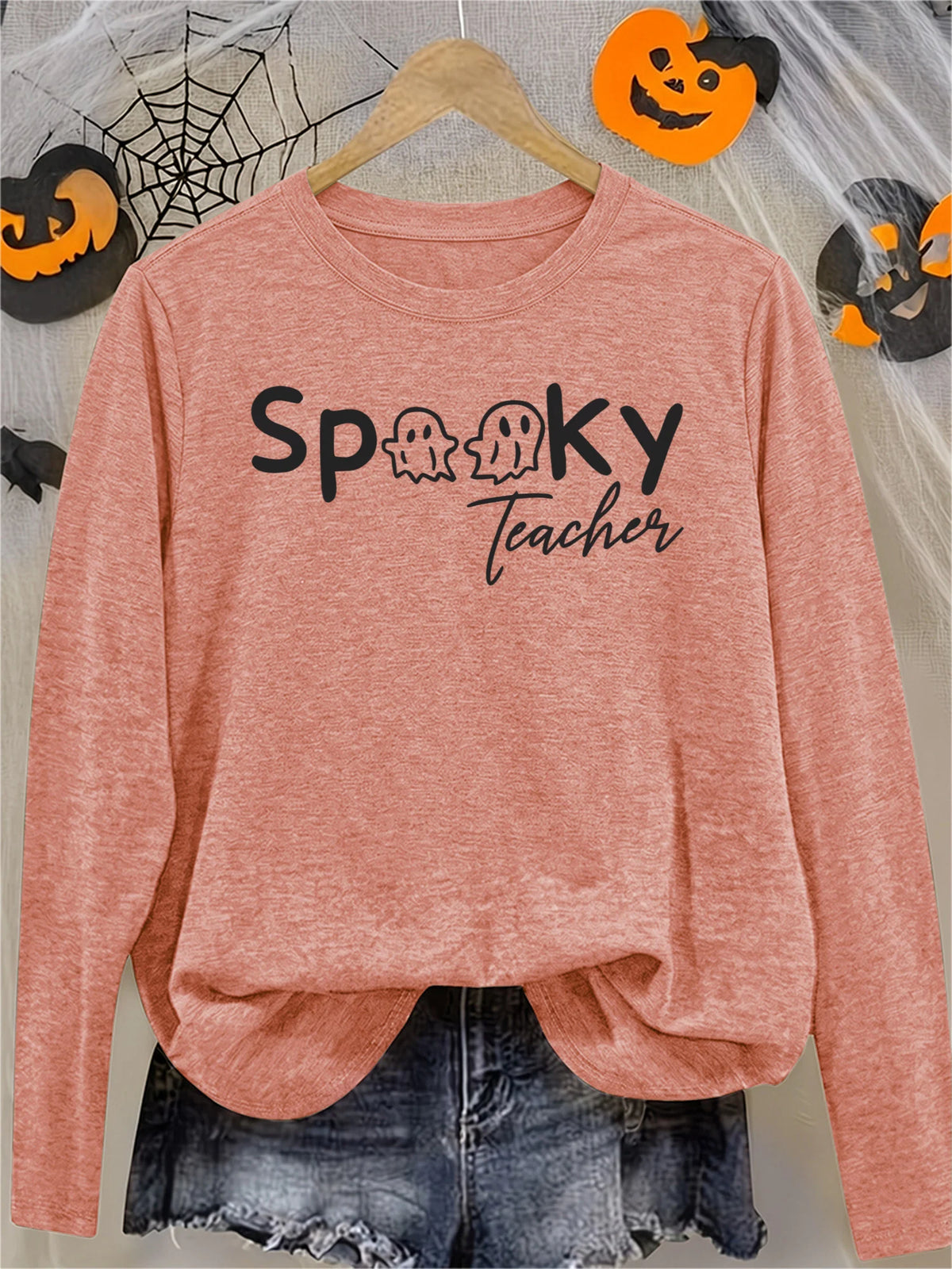 Women's Spooky Teacher Long Sleeve Crew Neck T-Shirt with Ghost Print, Cute Soft Horror Funny Halloween Gift, Casual Athletic Vacation Top