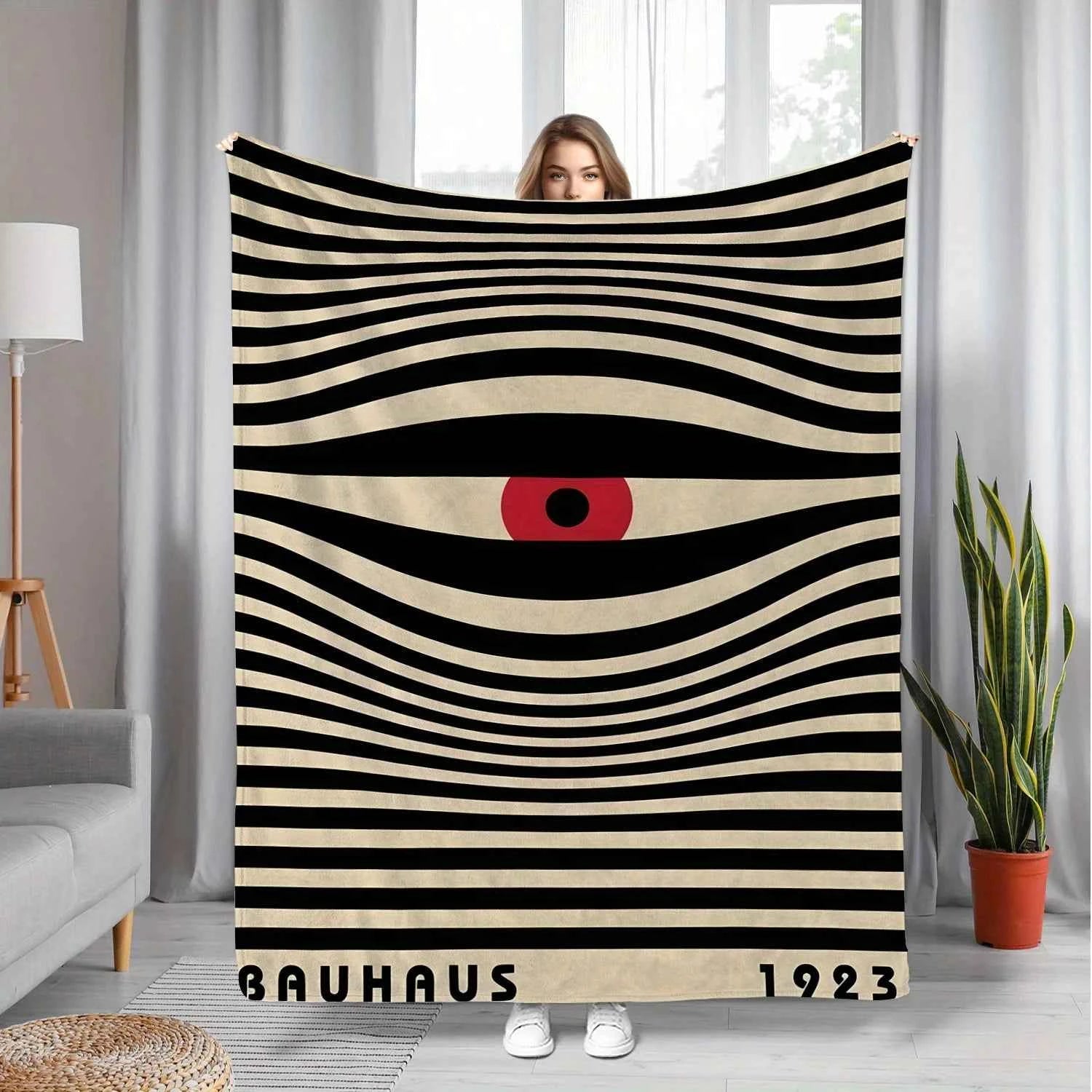 Bauhaus Eye Flannel Blanket Retro 1923 Striped Pattern Red Black Beige Color Scheme Artistic Throw For Sofa Couch Living Room