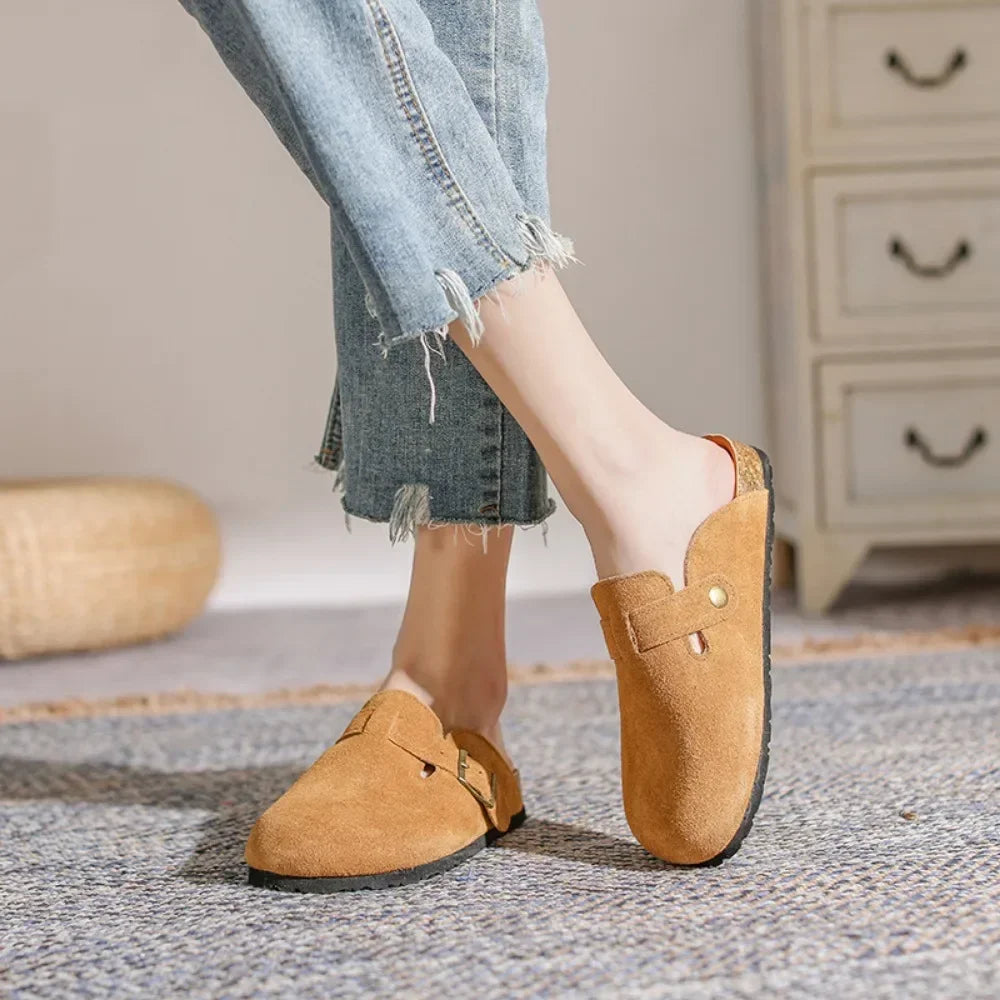 Leather Slippers Women Summer Luxury Sandals Baotou Cork Bottom Half Slippers Outside Cow Suede Flat Slippers Womens Shoes