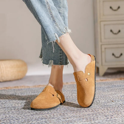 Leather Slippers Women Summer Luxury Sandals Baotou Cork Bottom Half Slippers Outside Cow Suede Flat Slippers Womens Shoes