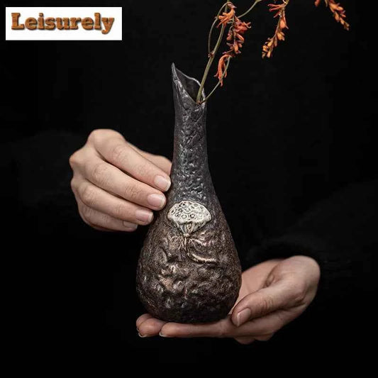 Japanese Gilded Iron Glaze Coarse Pottery Vase Traditional Hydroponics Plant Pot Flowerpot Tea Ceremony Supplies Ornaments