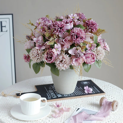 1PC Artificial RosesFlowers New Year's Home Decoration Wedding Bridal Bouquet Garden Fake Silk Peony Hydrangeas Vase for Board