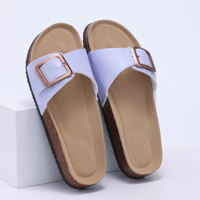 Crestar Women's Summer Cork Slippers 2025 – Leather Orthopedic Sandals with Adjustable Buckle