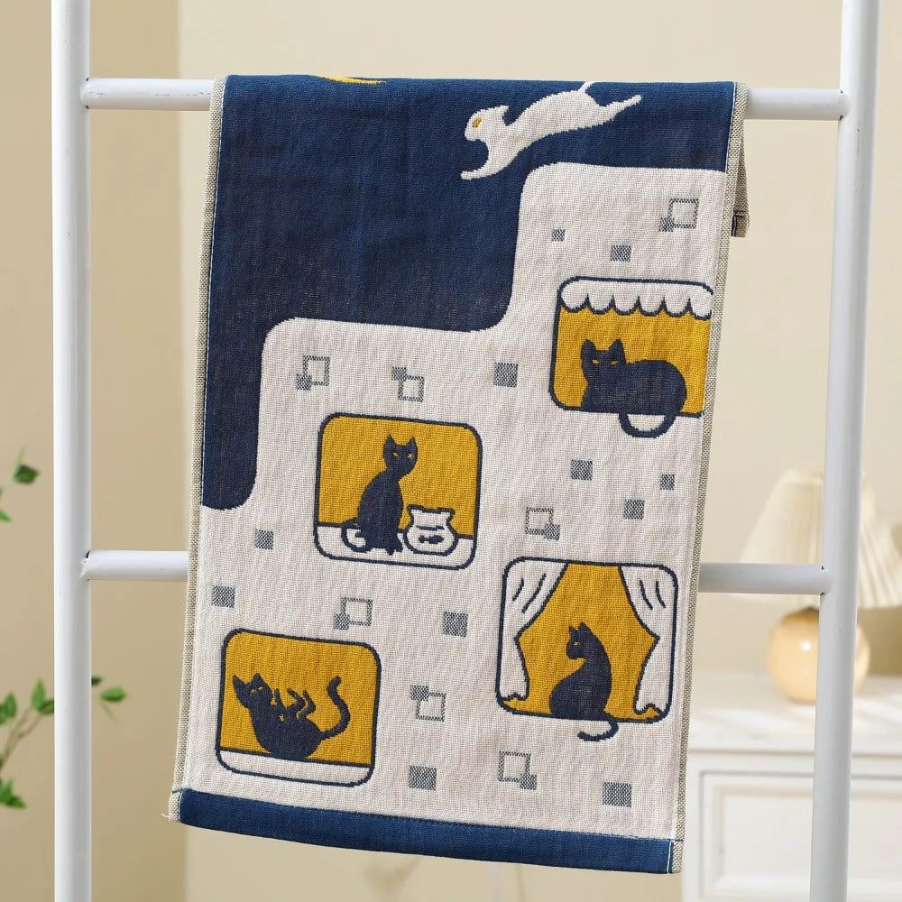 Cartoon Cat Face Towels 34x74cm Soft Bath Towel Absorbent 3 Layer Cotton