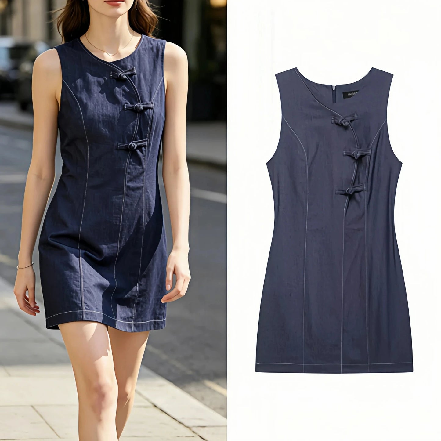 Women's Elegant Knot Buckle Sleeveless Dress – Pleated Hem Retro Chic Office & Casual Dress