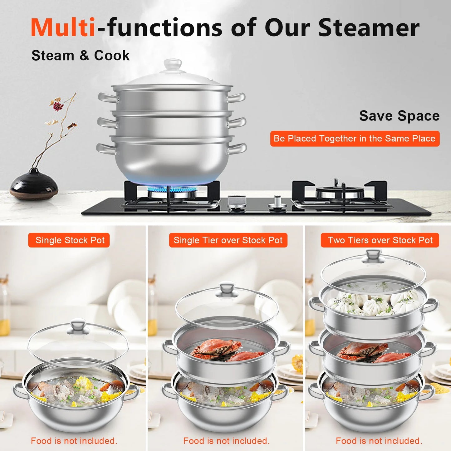 28cm 3-Tier Stainless Steel Steamer Pot with Glass Lid for Induction and Gas Stoves