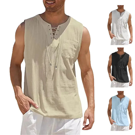 Gilet sans manches en coton et lin pour homme — Débardeur rétro à col en V et lacets