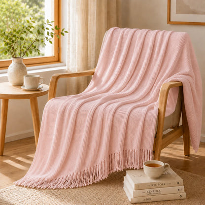 Sage Green Mixed Bobble Diamond Textured Knit Throw Blanket with Tassel Fringe, Soft Knitted Decorative Blanket, Lightweight Cozy Cover for Couch Sofa Bed, Boho Farmhouse Home Decor for Living Room Bedroom