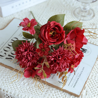 1PC Artificial RosesFlowers New Year's Home Decoration Wedding Bridal Bouquet Garden Fake Silk Peony Hydrangeas Vase for Board