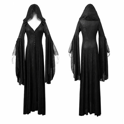 Women Gothic Witch Hooded Maxi Dress Bell Long Sleeve Jacquard Mesh V‑Neck Button Front Floor‑Length Gown Halloween Cosplay Costume for Party Carnival