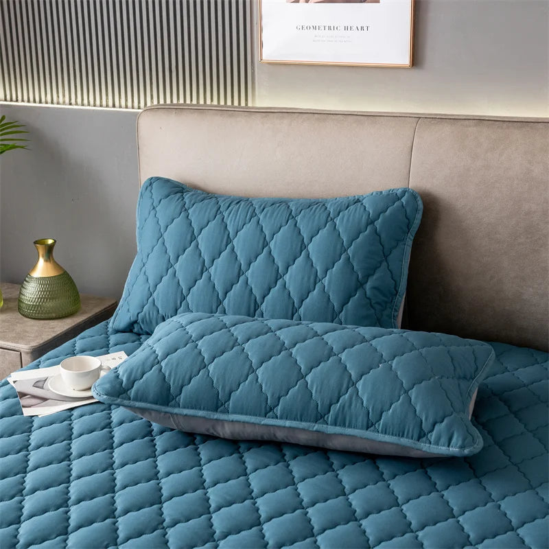 Brushed Cotton Padded Waterproof Pillowcase, Light Blue