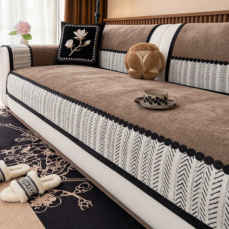 Chenille Sofa Cover, Non-Slip, Contrast Hem