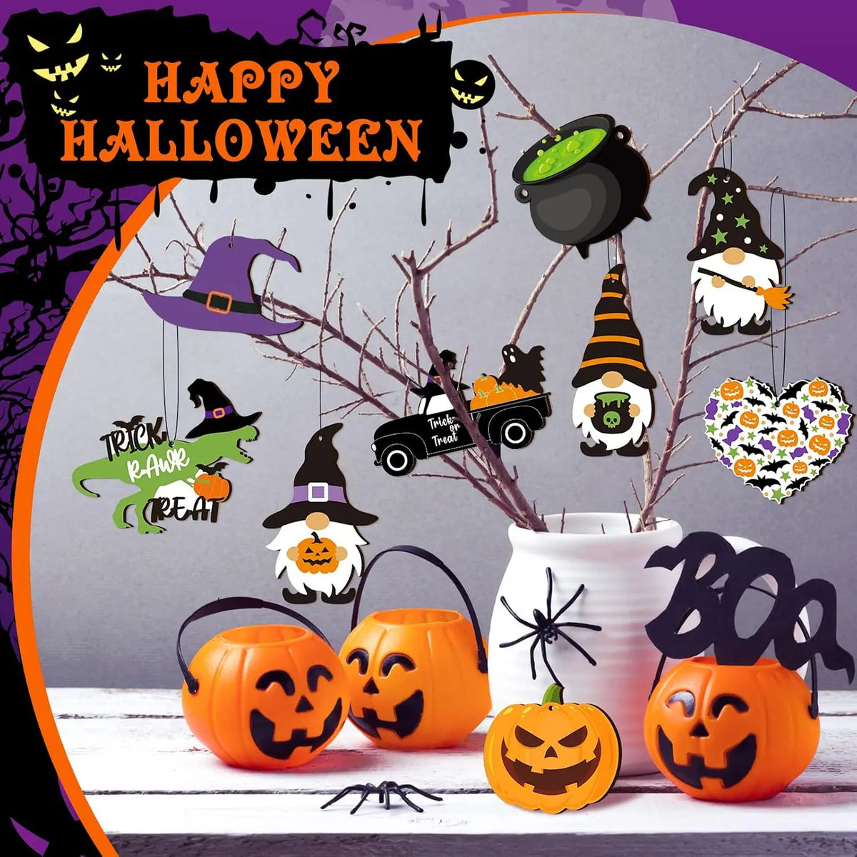 30 Pcs Halloween Hanging Ornaments Wooden Tree Decoration