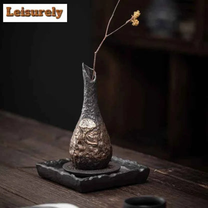 Japanese Gilded Iron Glaze Coarse Pottery Vase Traditional Hydroponics Plant Pot Flowerpot Tea Ceremony Supplies Ornaments