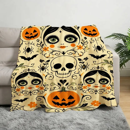 Whimsical Halloween Fleece Throw Blanket with Spooky Pumpkin Skull And Spiderweb Design Soft Warm Decorative Bed Sofa Blanket for Fall Home Decor Holiday Gifts for Friends