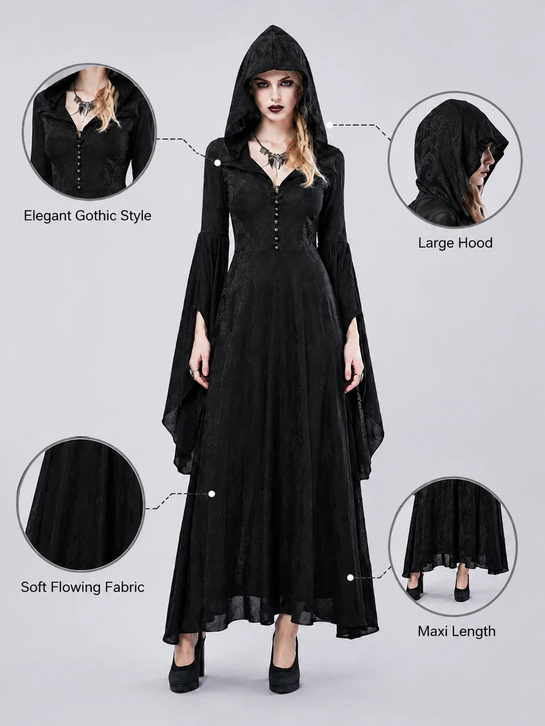 Women Gothic Witch Hooded Maxi Dress Bell Long Sleeve Jacquard Mesh V‑Neck Button Front Floor‑Length Gown Halloween Cosplay Costume for Party Carnival