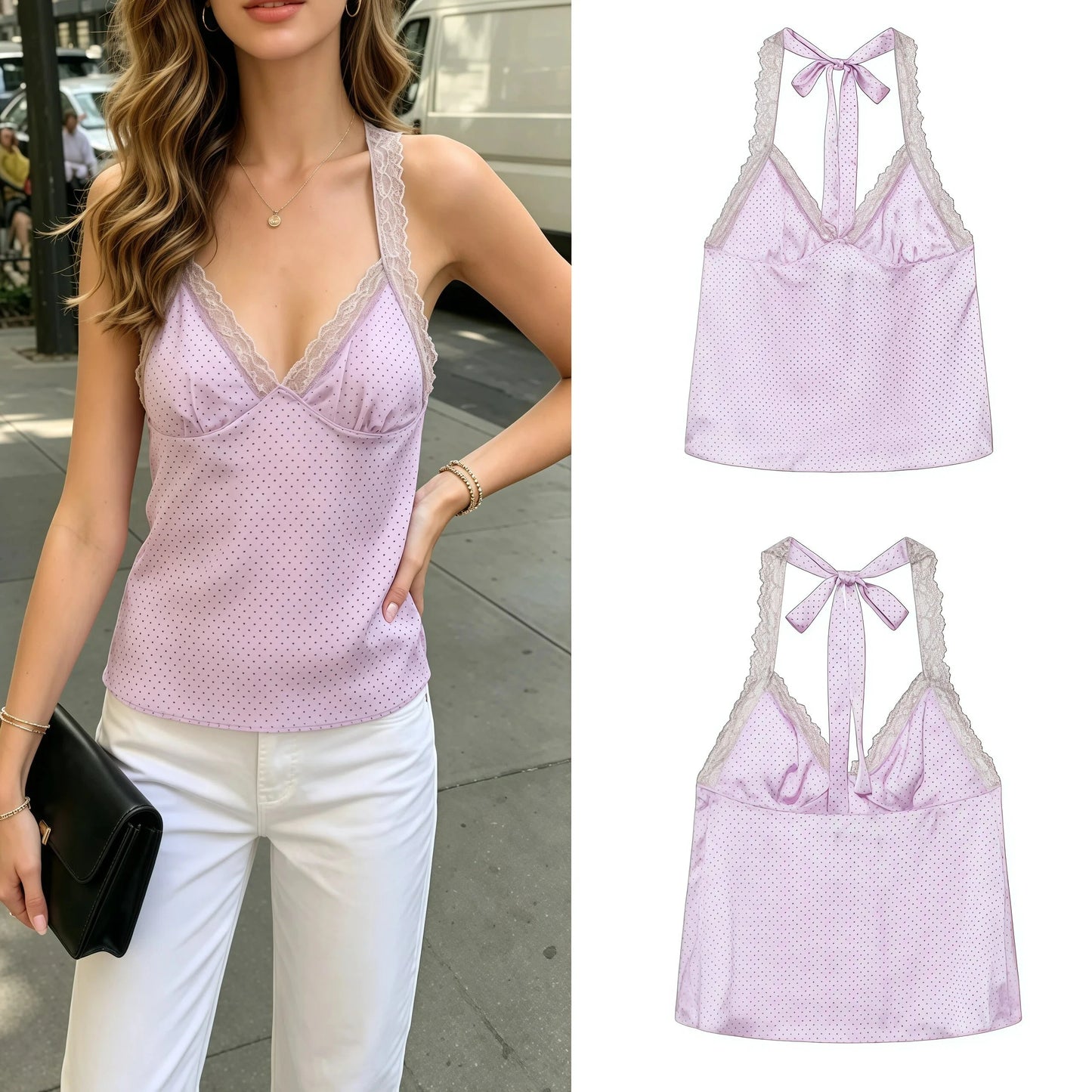 Women's Purple Polka Dot Halter Neck Top – Lace Trim Sexy Beach & Vacation Top
