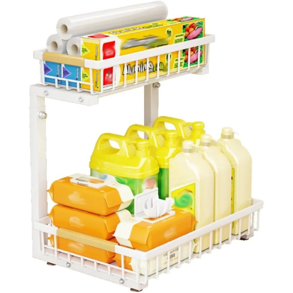 2-Tier Under Sink Organizer with Pull-Out Sliding Drawers, White and Black
