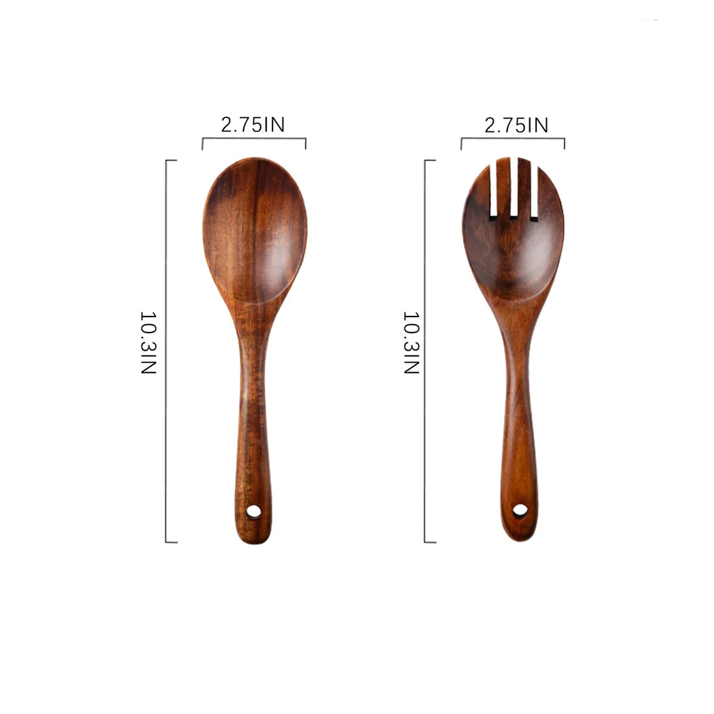 2Pcs Wooden Salad Servers Spoon Fork Set Long Handle Large Dinner Serving Cooking Untensils Cutlery Kitchen Tableware