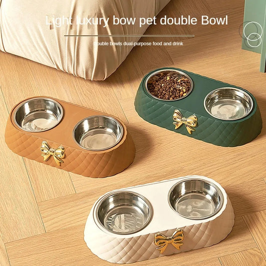 Gamelle Double en Céramique avec Nœud Papillon – Distributeur de Nourriture et d'Eau en Acier Inoxydable pour Chiens et Chats