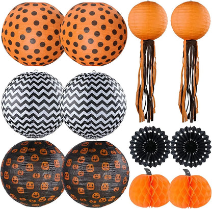 12 Pack Halloween Paper Lantern Pumpkin Set, Black Orange