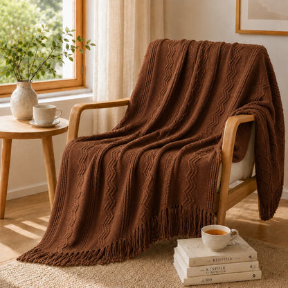 Sage Green Mixed Bobble Diamond Textured Knit Throw Blanket with Tassel Fringe, Soft Knitted Decorative Blanket, Lightweight Cozy Cover for Couch Sofa Bed, Boho Farmhouse Home Decor for Living Room Bedroom