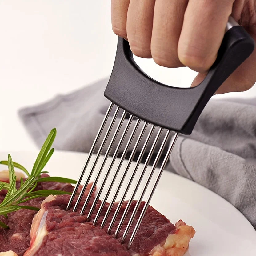 Stainless Steel Onion Slicer Holder & Meat Tenderizer – Multipurpose Cutting Tool