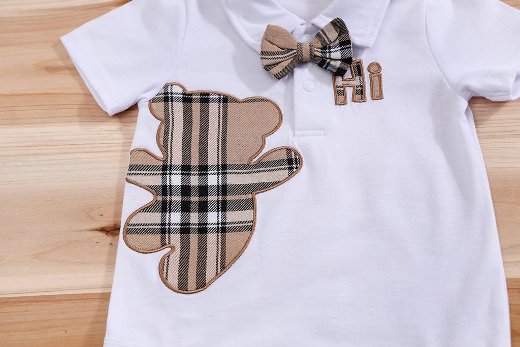 Plaid Bear Print Bodysuit & Suspender Trousers Set