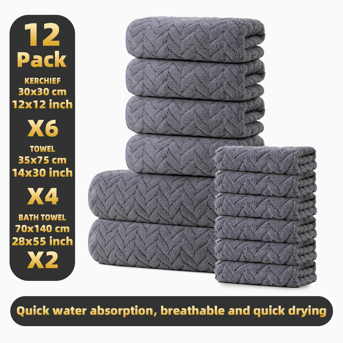 12-Piece Towel Set, 2 Bath Towels + 4 Hand Towels + 6 Face Towels, Soft