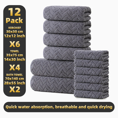 12-Piece Towel Set, 2 Bath Towels + 4 Hand Towels + 6 Face Towels, Soft