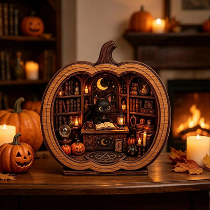 Black Cat Stand Cat Bookshop Pumpkin Figurine Black Pumpkin Scene Display Stand Halloween Pumpkin Figurine