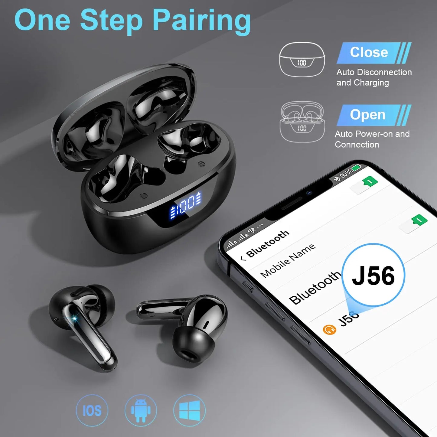 J56 Wireless Earbuds Bluetooth 5.3, Hi-Fi Stereo Bass, 48H Playtime with LED Display, IP7 Waterproof, Smart Touch Control, 13.2mm Driver, Lightweight in-Ear Headphones with Mic.