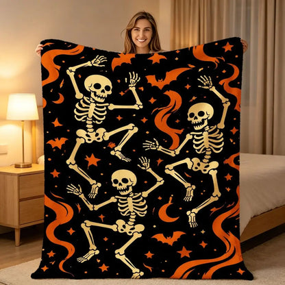 Halloween Skeleton Dancing Decorative Throw Blanket Soft Cozy Flannel Large Festive Blanket for Sofa Bed Couch Travel Camping Living Room Warm Bedspread Night Party Gift