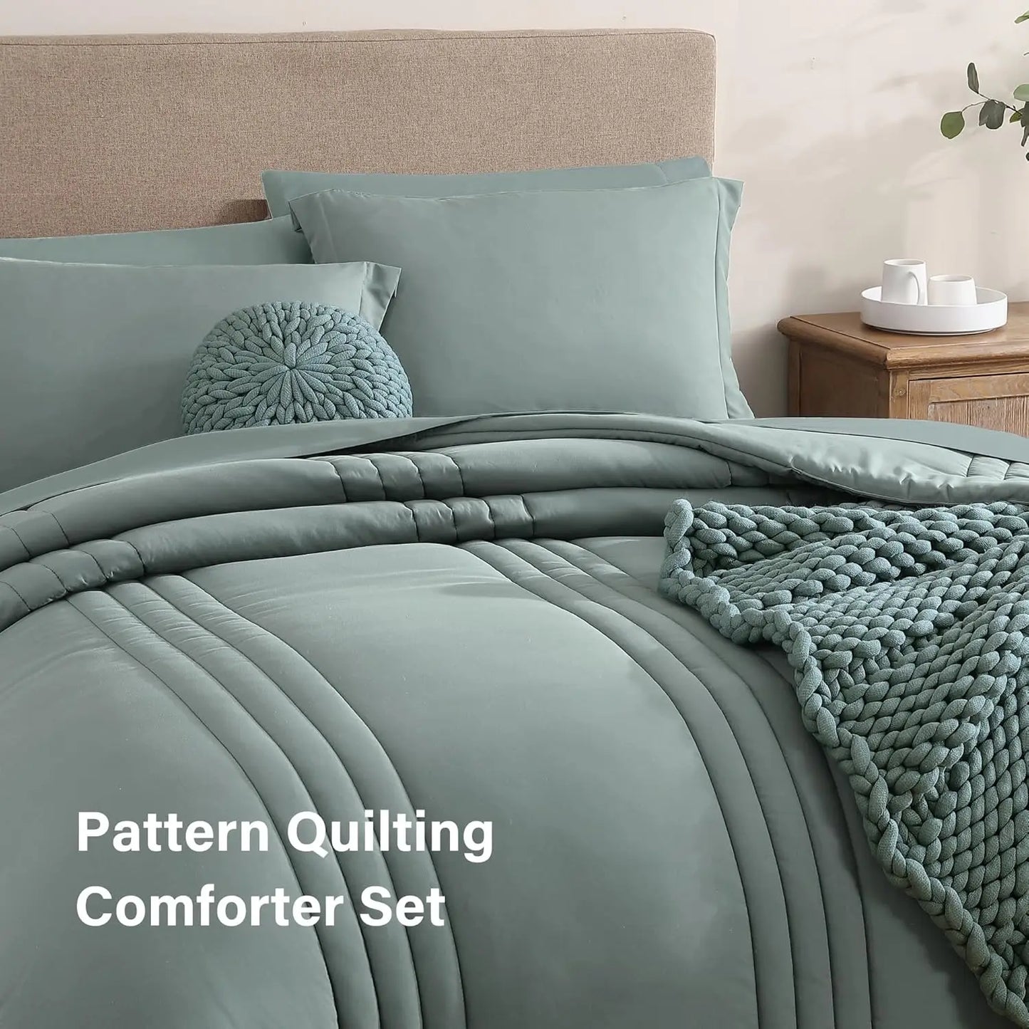Queen Comforter Set 7 Pieces Sage Green Bed in a Bag with Sheets and Pillowcases