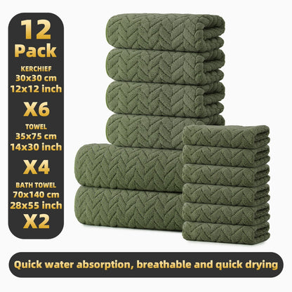 12-Piece Towel Set, 2 Bath Towels + 4 Hand Towels + 6 Face Towels, Soft