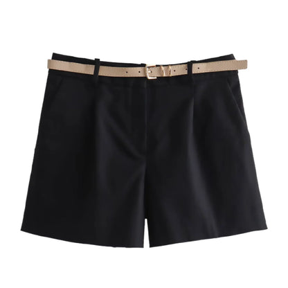 Women's High Waist Loose Straight Shorts – Belted Zipper Korean Fashion Shorts for Office & Casual Wear