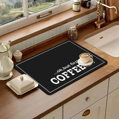 Creative Coffee Print Kitchen Drying Mat Soft Rubber Non-Slip Absorbent Stain-Resistant Mats for Coffee Bar Countertops Dish Mat