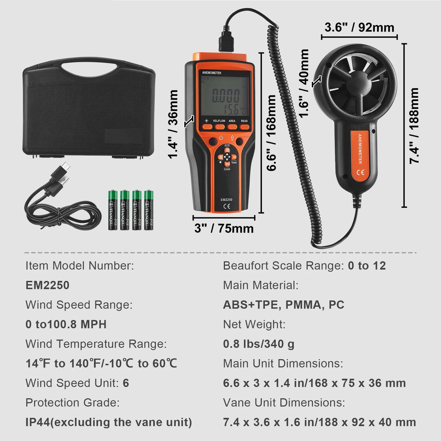Handheld Anemometer LED Digital Wind Speed CFM Meter Gauge Measures Wind Velocity Wind Temperature Air Flow Wind Chill