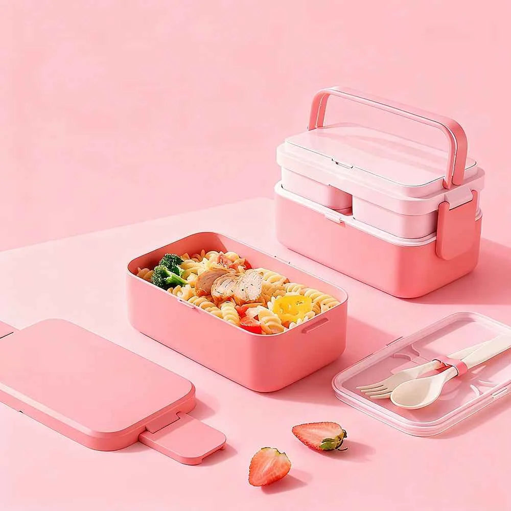 Portable Lunch Box Bamboo Fiber 3in1 Double Layer Bento BOX Microwave Spoon Fork Women Girl School Kids Picnic Bento Box