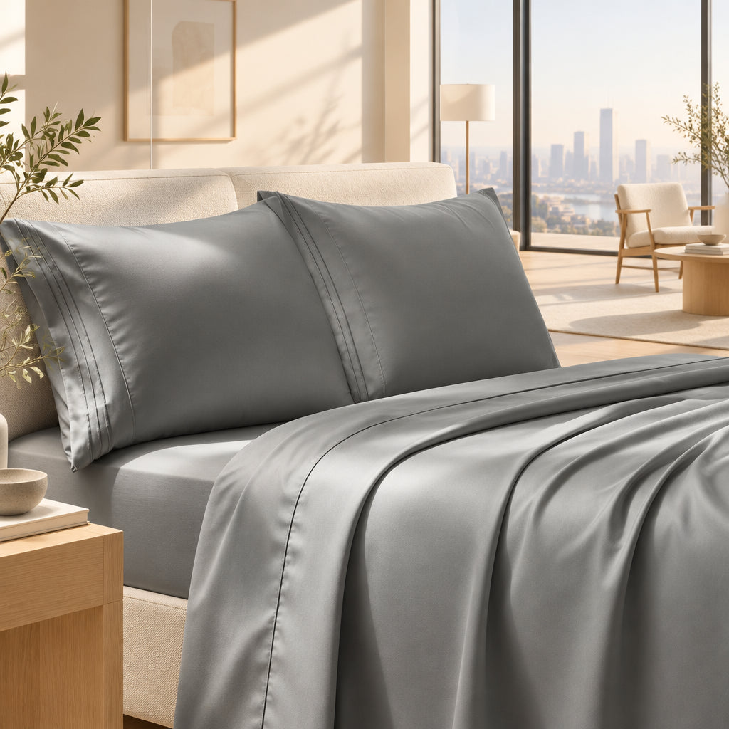 Bed Sheet Set - Extra Deep Pocket, Double Brushed Microfiber, Soft & Dry Touch, Stay in Place, Wrinkle Free, Stain & Fade Resistant Bedding(1 Pc Sheet + 1 Pcs Fitted Sheet + 1/2 Pcs Pillowcase)