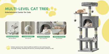44" Tall Cat Tree & Climbing Tower — Natural Sisal Scratching Posts & Indoor Cat House